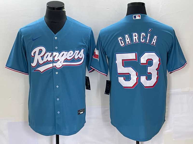 Men's Texas Rangers #53 Adolis Garcia Light Blue With Patch Cool Base Stitched Baseball Jersey